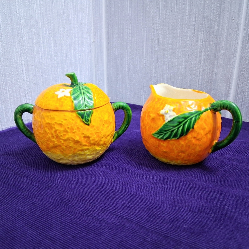 Vintage Maruhon Ware Orange Fruit Creamer And Sugar Bowl Set 1940s Japan - Picture 14 of 14